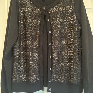 Banana Republic Black Cardigan Sweater Wool Blend Lace Front Panel EUC L